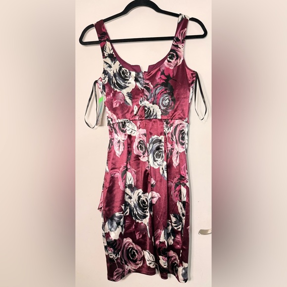 BCX Floral Satin Dress - Burgundy and Gray - Picture 2 of 5